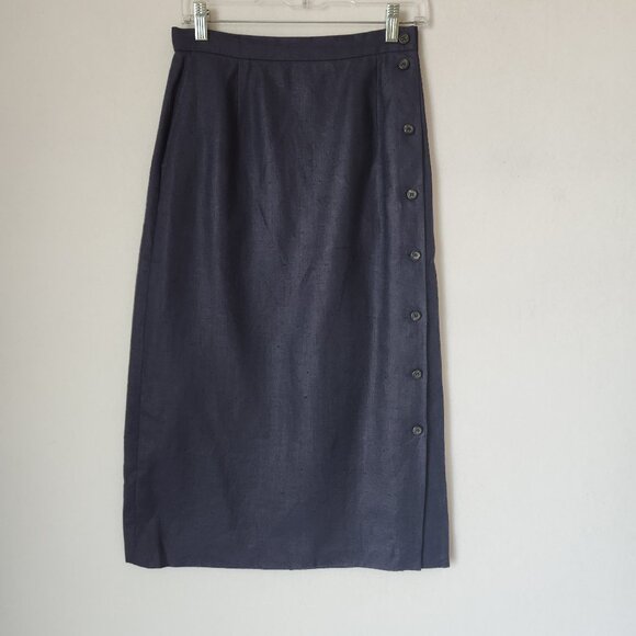 Vintage Ralph Lauren Blue Label USA Linen Side-Button Midi Pencil Skirt Blue - Picture 2 of 12